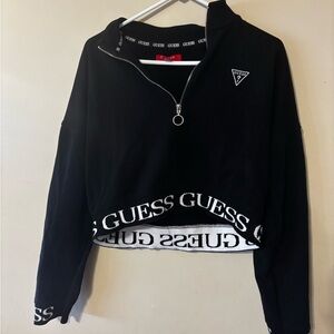 Guess Black Cropped Hoodie with Logo Trim